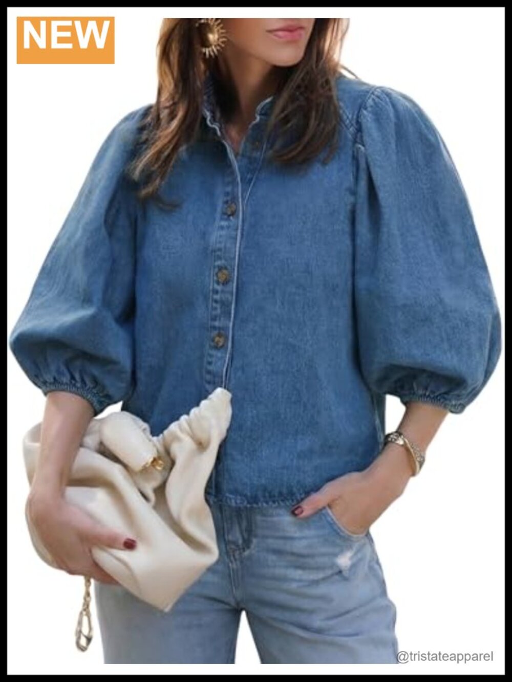 Women's Denim Shirt, Short Sleeve Puff Sleeve Button Down Blouse